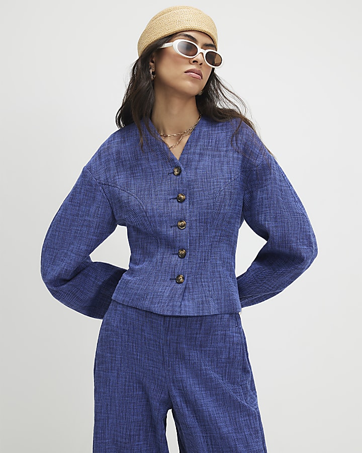 Navy Cotton Cocoon Sleeve Seamed Jacket