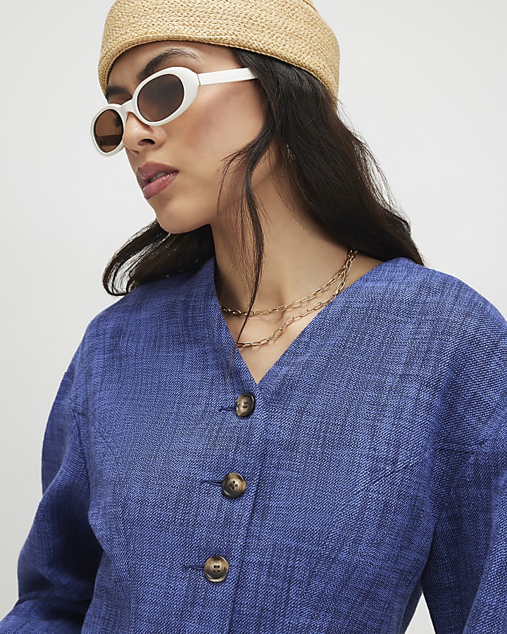 Navy Cotton Cocoon Sleeve Seamed Jacket