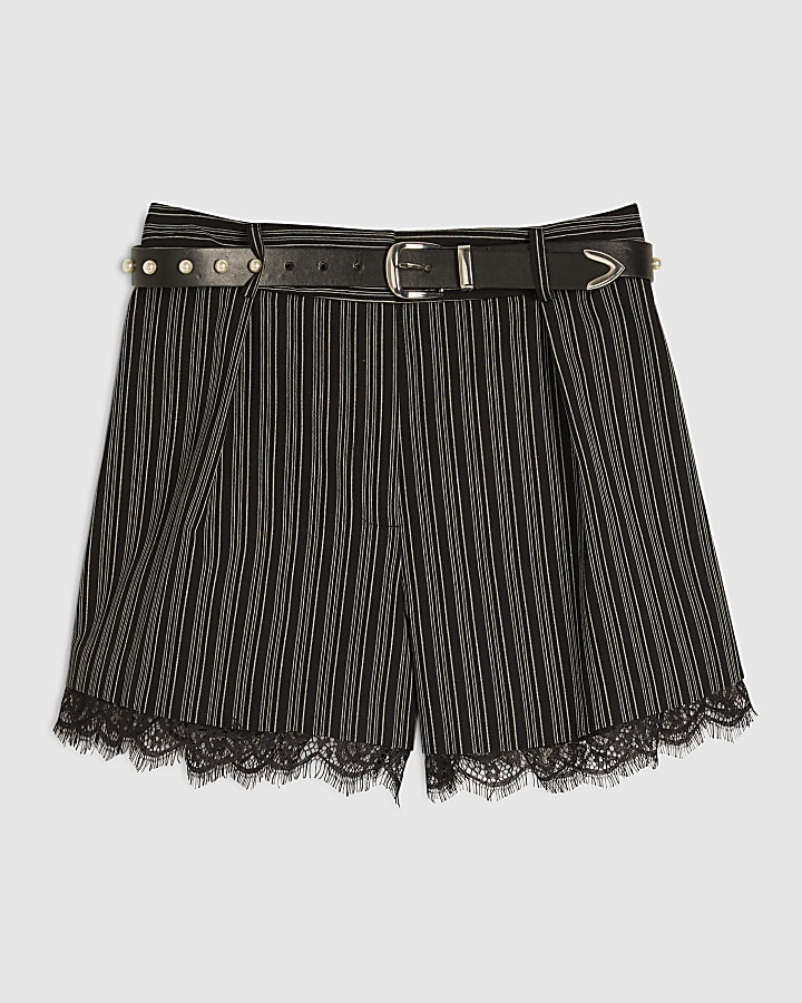 Black Pinstripe Lace Trim Shorts