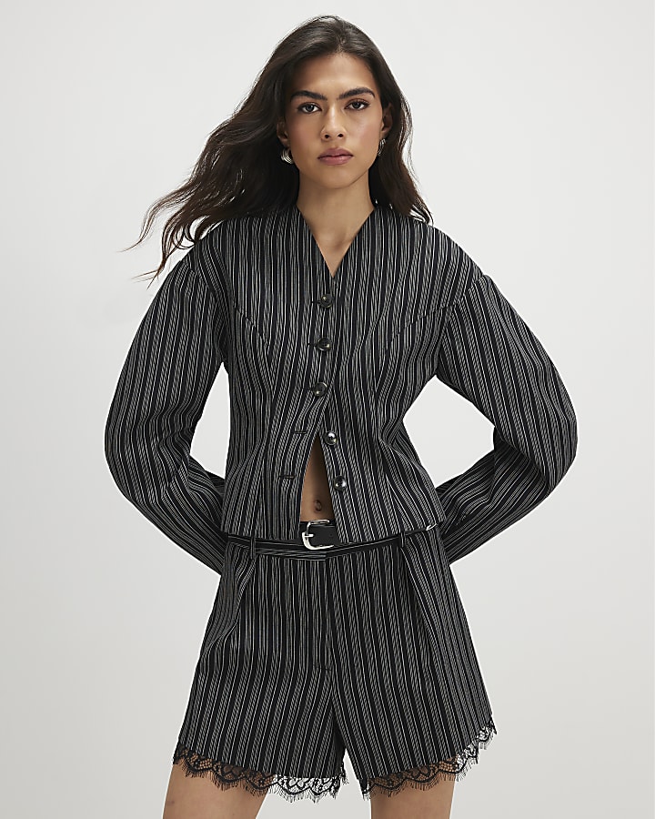 Black Pinstripe Lace Trim Shorts