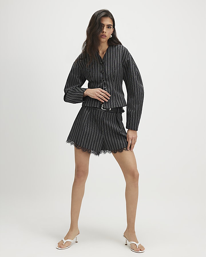 Black Pinstripe Lace Trim Shorts