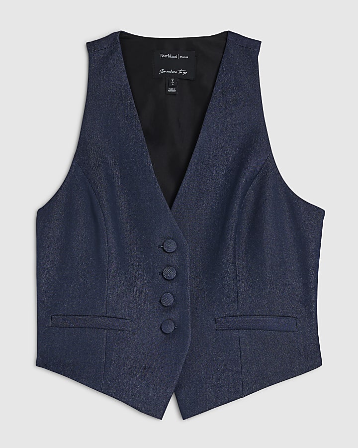 Blue Sleeveless Cropped Waistcoat