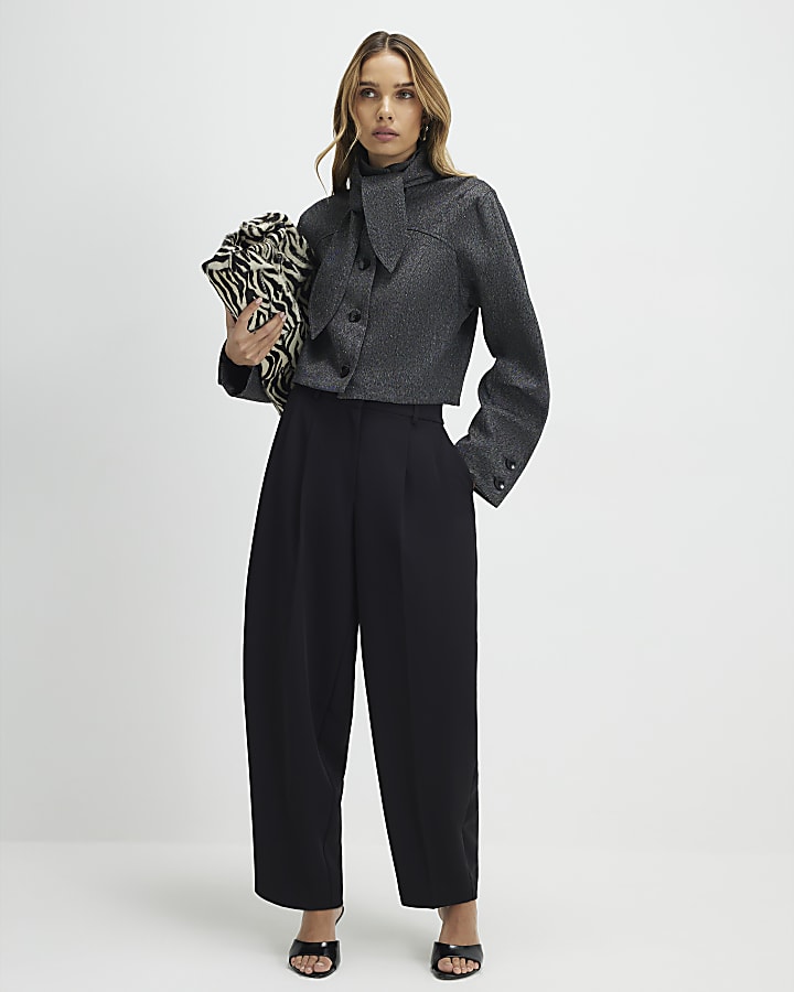 Black Pleated Barrel Leg Trousers