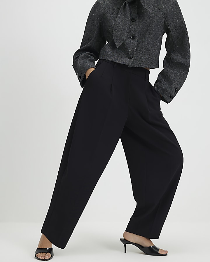Black Pleated Barrel Leg Trousers