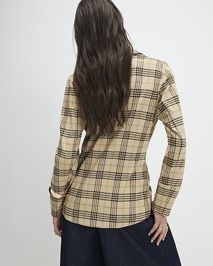 Beige Check Print Twist Detail Collared Top