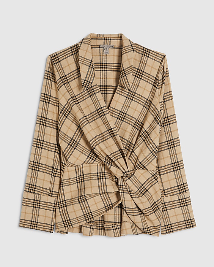 Beige Check Print Twist Detail Collared Top