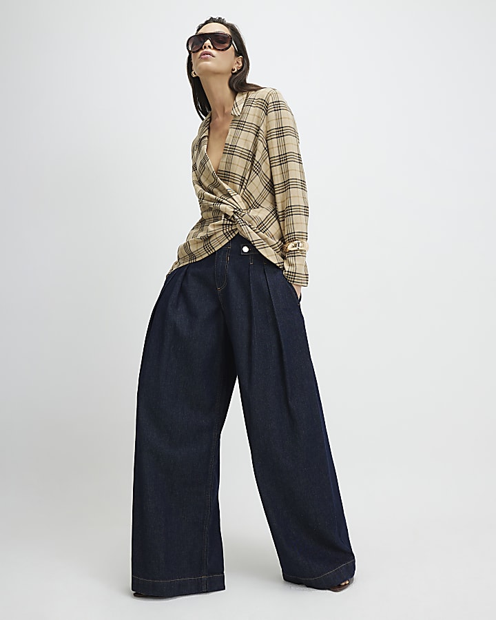 Beige Check Print Twist Detail Collared Top