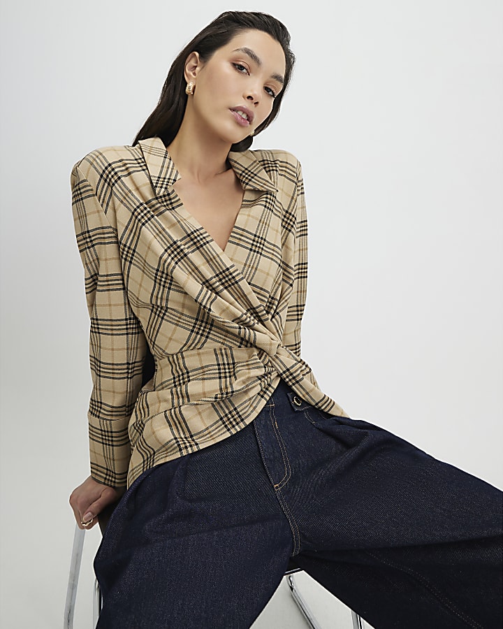 Beige Check Print Twist Detail Collared Top