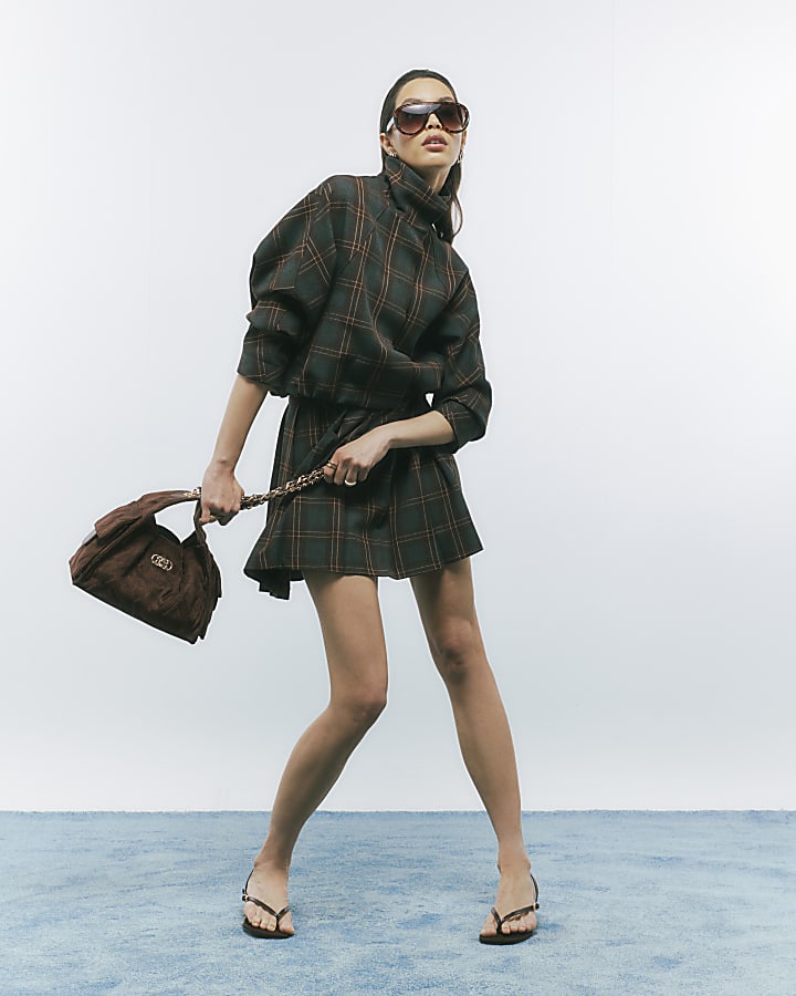 Brown Pleated Check Mini Skirt