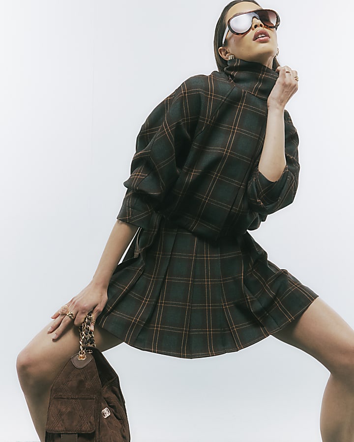 Brown Pleated Check Mini Skirt