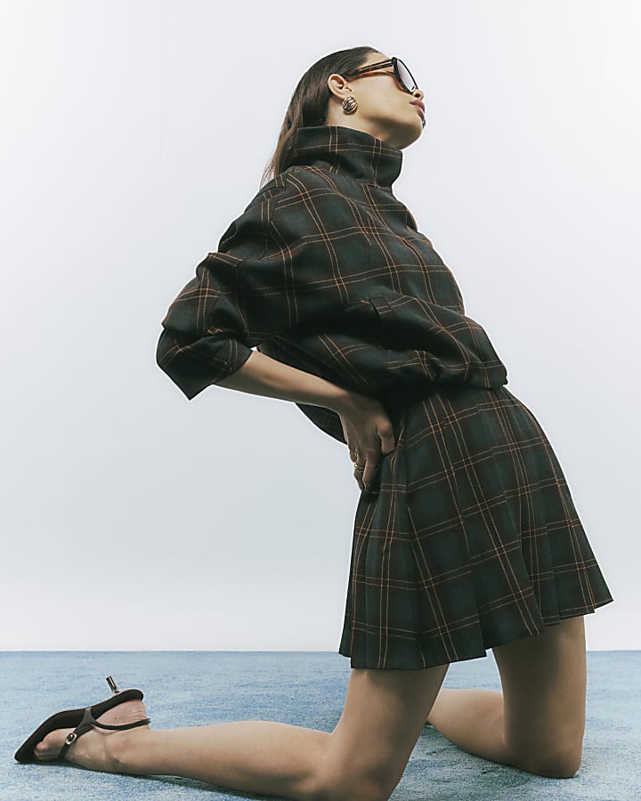 Brown Pleated Check Mini Skirt