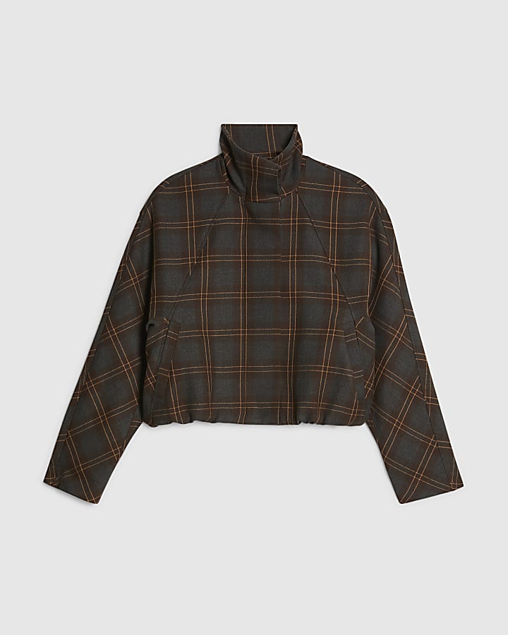 Brown Funnel Neck Check Bomber Jacket