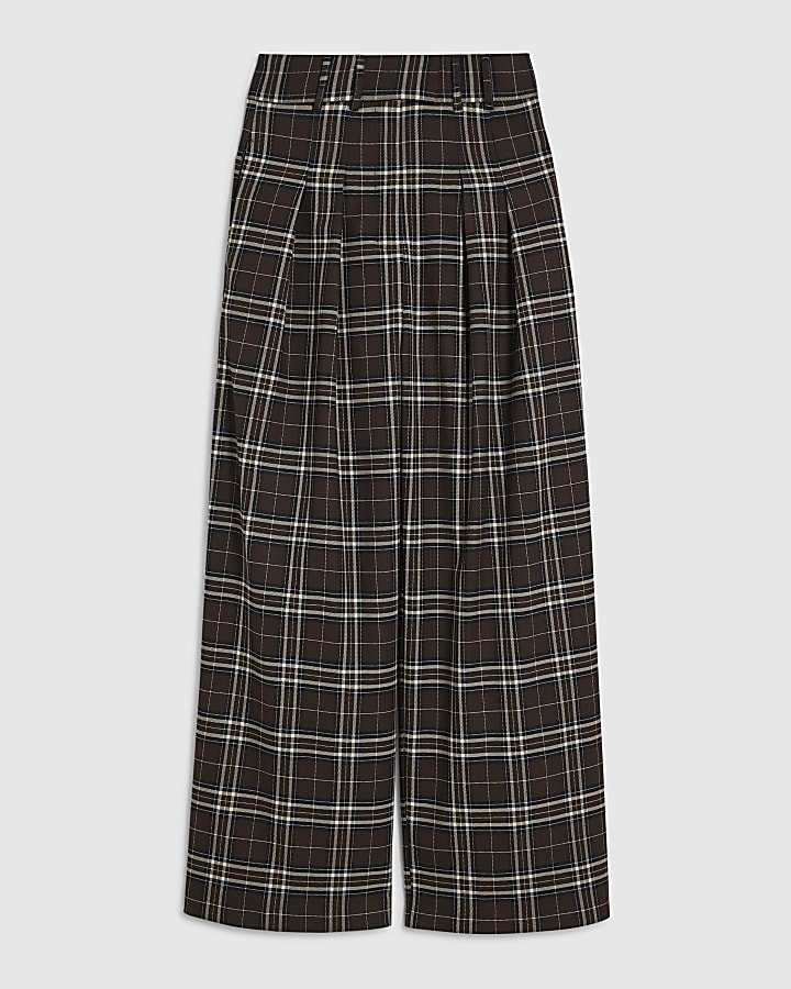 Brown Wide Leg Check Trousers