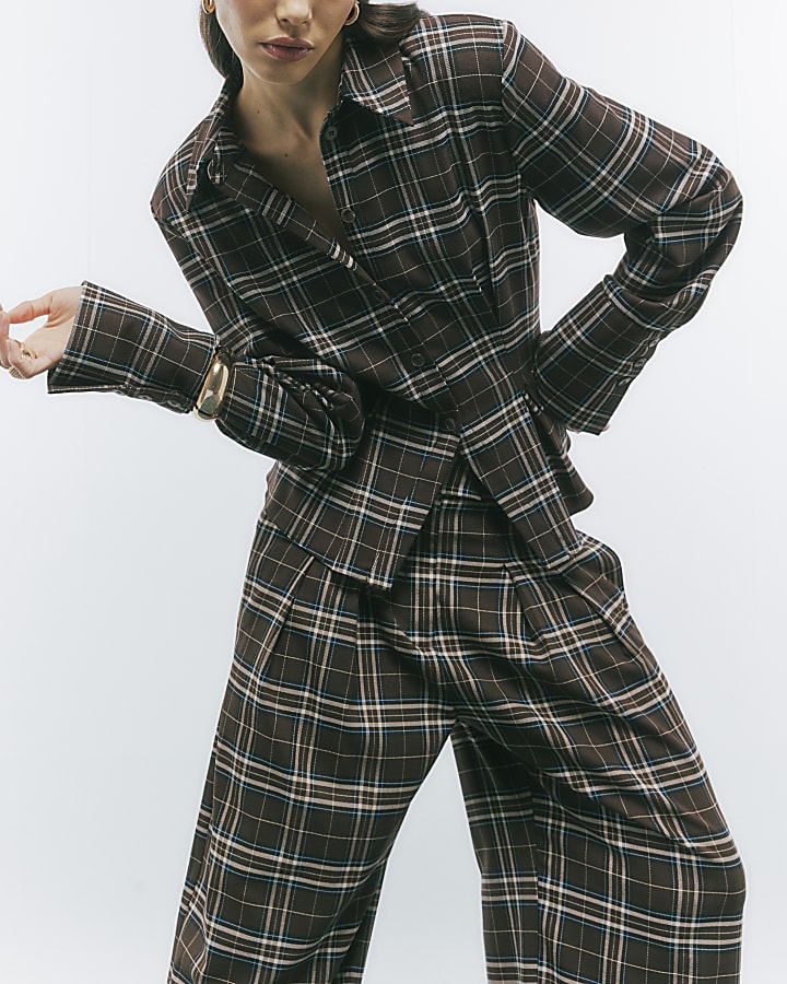 Brown Wide Leg Check Trousers