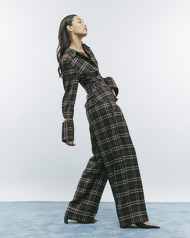 Brown Wide Leg Check Trousers