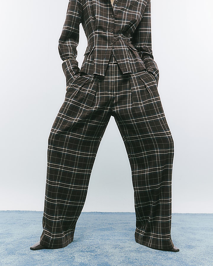 Brown Wide Leg Check Trousers