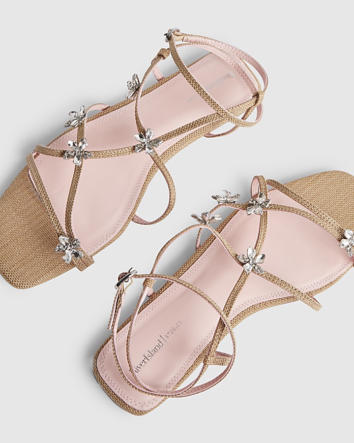Beige Caged Flower Flat Sandals