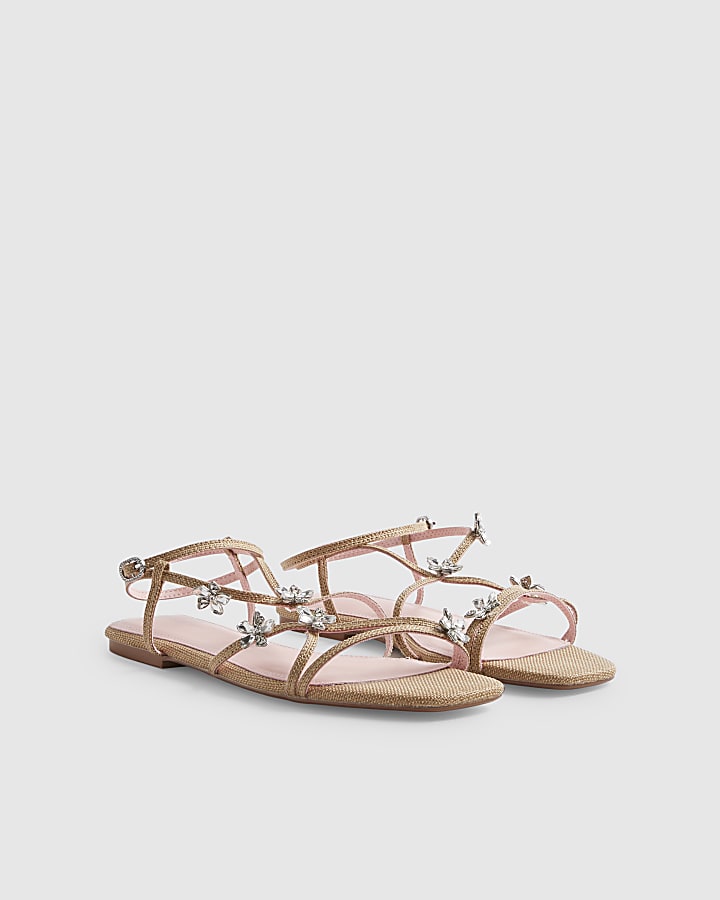 Beige Caged Flower Flat Sandals