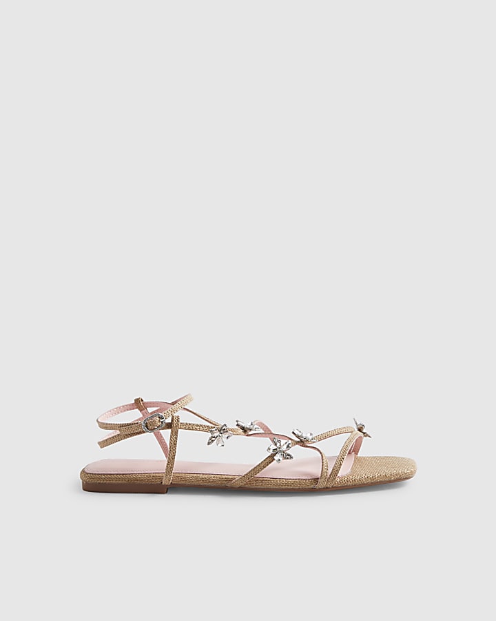 Beige Caged Flower Flat Sandals