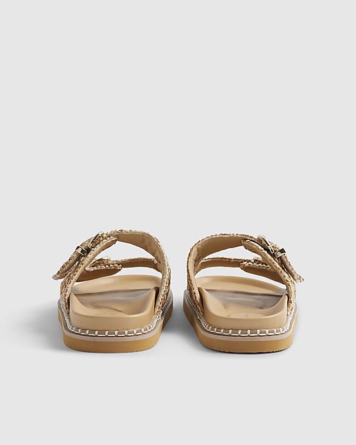 Beige Raffia Double Buckle Footbed Sandals
