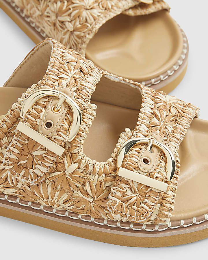 Beige Raffia Double Buckle Footbed Sandals