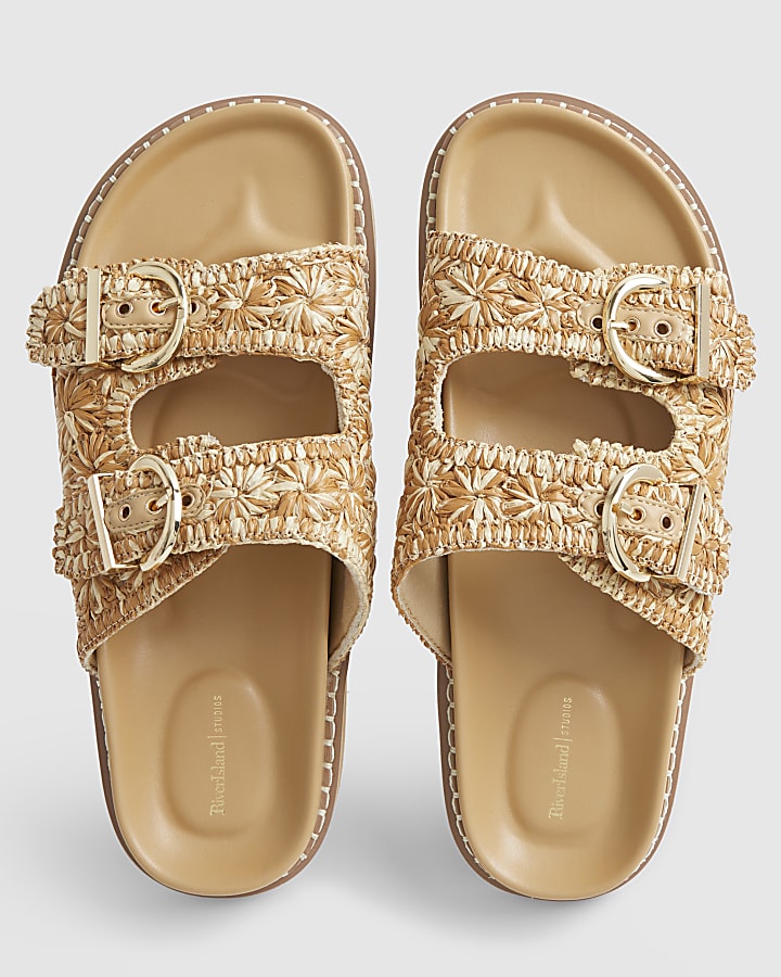 Beige Raffia Double Buckle Footbed Sandals