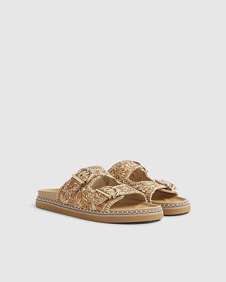 Beige Raffia Double Buckle Footbed Sandals