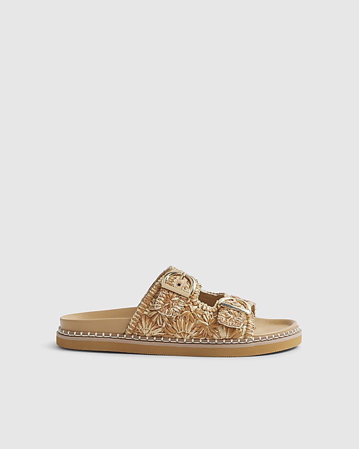 Beige Raffia Double Buckle Footbed Sandals