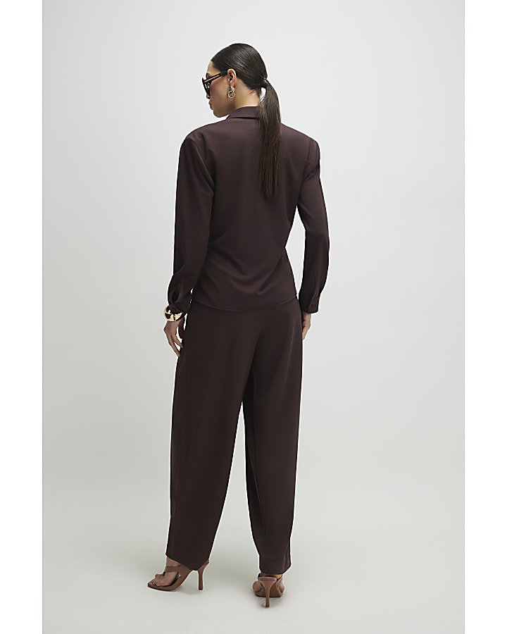 Brown Pleat Front Tapered Trousers