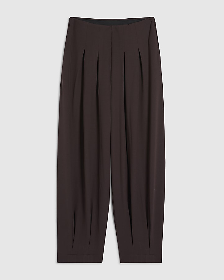 Brown Pleat Front Tapered Trousers