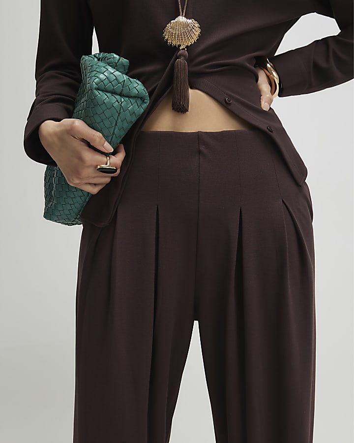 Brown Pleat Front Tapered Trousers