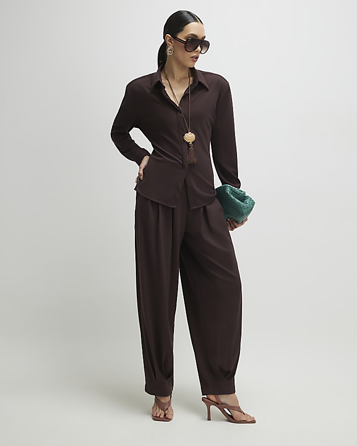Brown Pleat Front Tapered Trousers