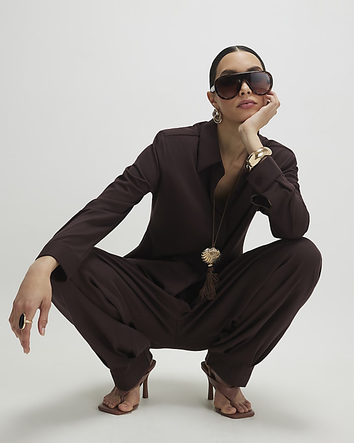 Brown Long Sleeve Shoulder Padded Shirt