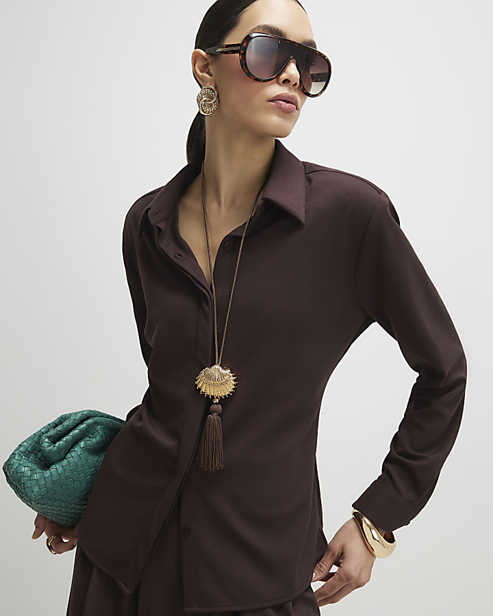 Brown Long Sleeve Shoulder Padded Shirt