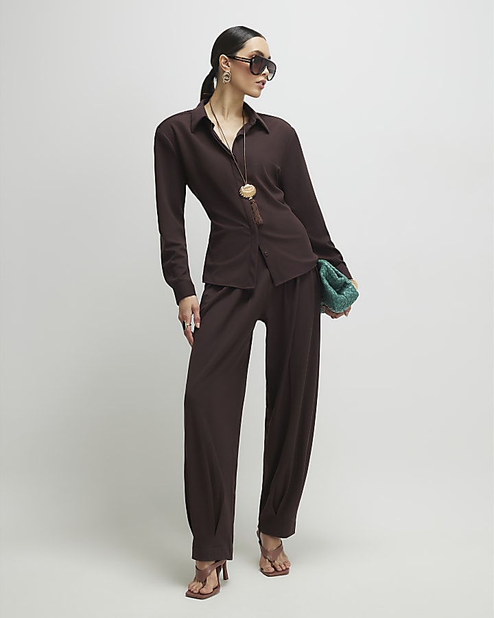 Brown Long Sleeve Shoulder Padded Shirt