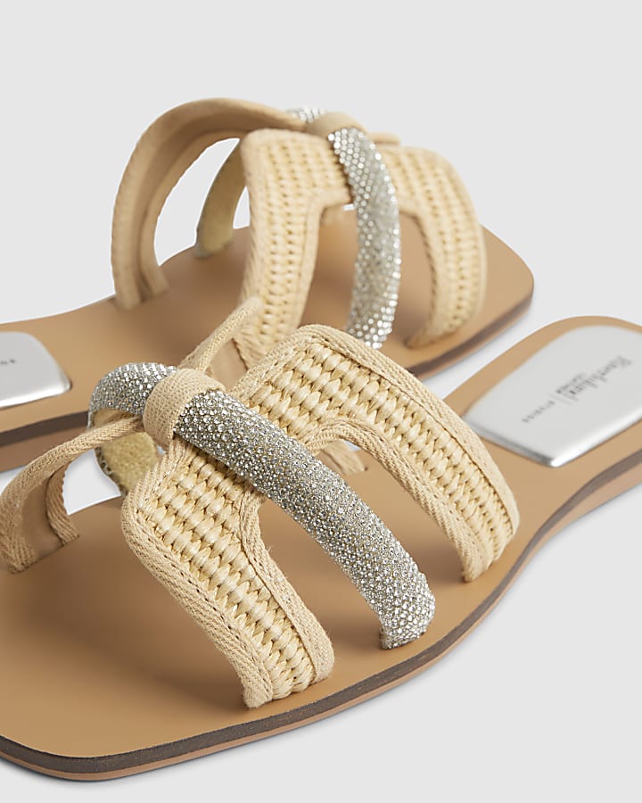 Beige Raffia H Strap Flat Sandals