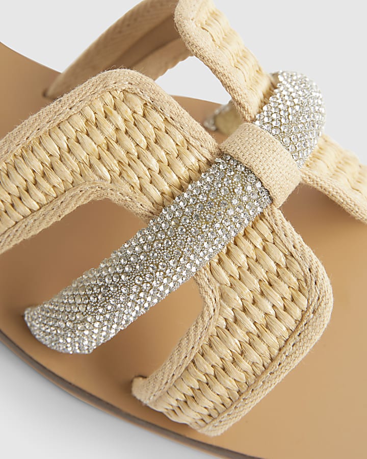 Beige Raffia H Strap Flat Sandals