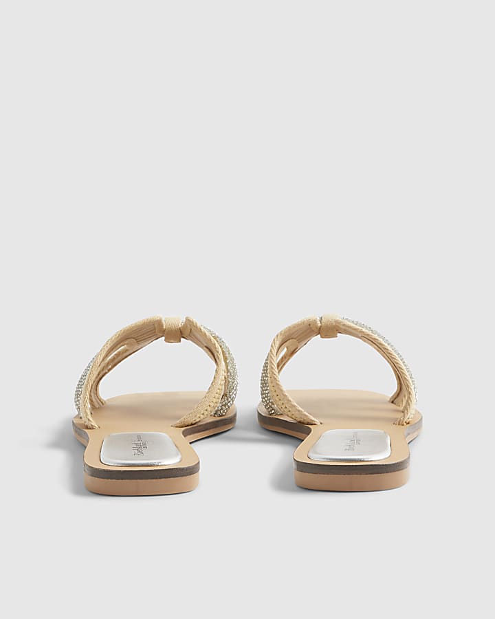 Beige Raffia H Strap Flat Sandals