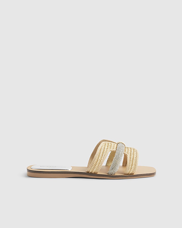 Beige Raffia H Strap Flat Sandals