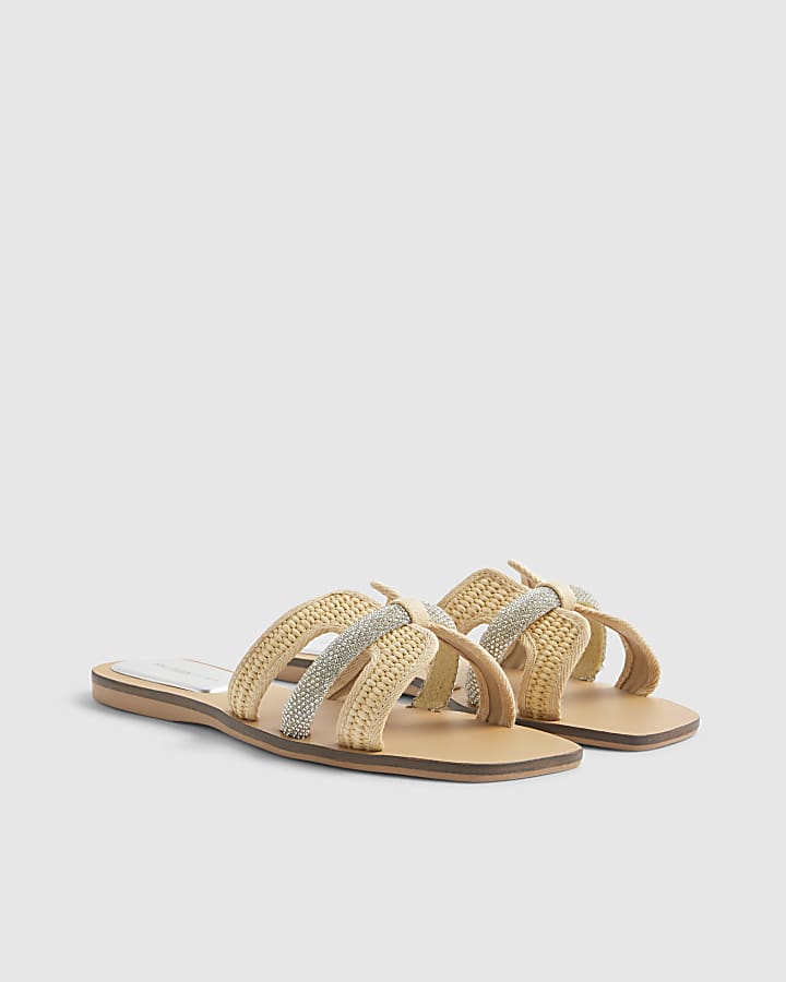 Beige Raffia H Strap Flat Sandals