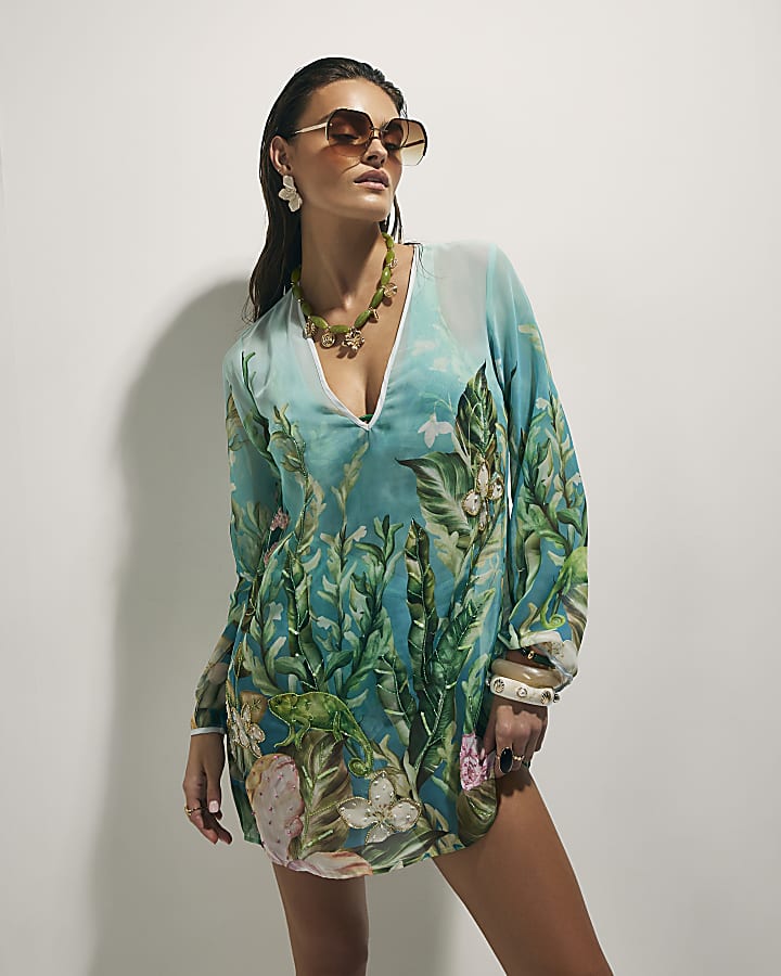 Blue Lotus Print Beach Tunic