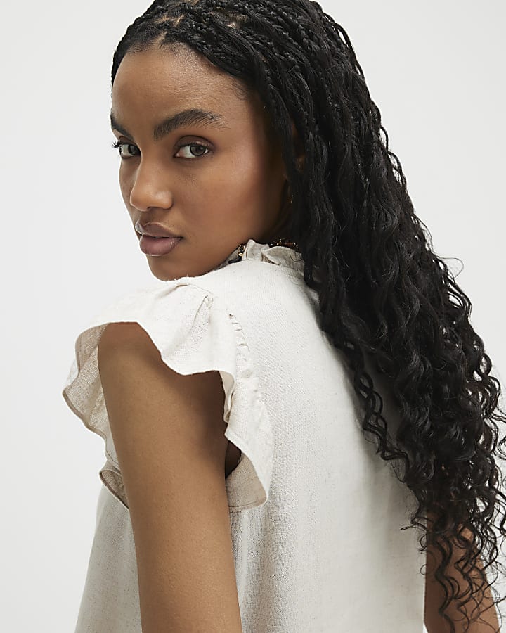 Beige Linen Blend Frill Sleeve Blouse