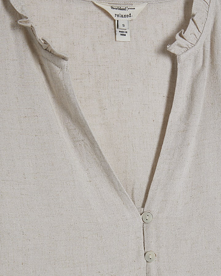Beige Linen Blend Frill Sleeve Blouse