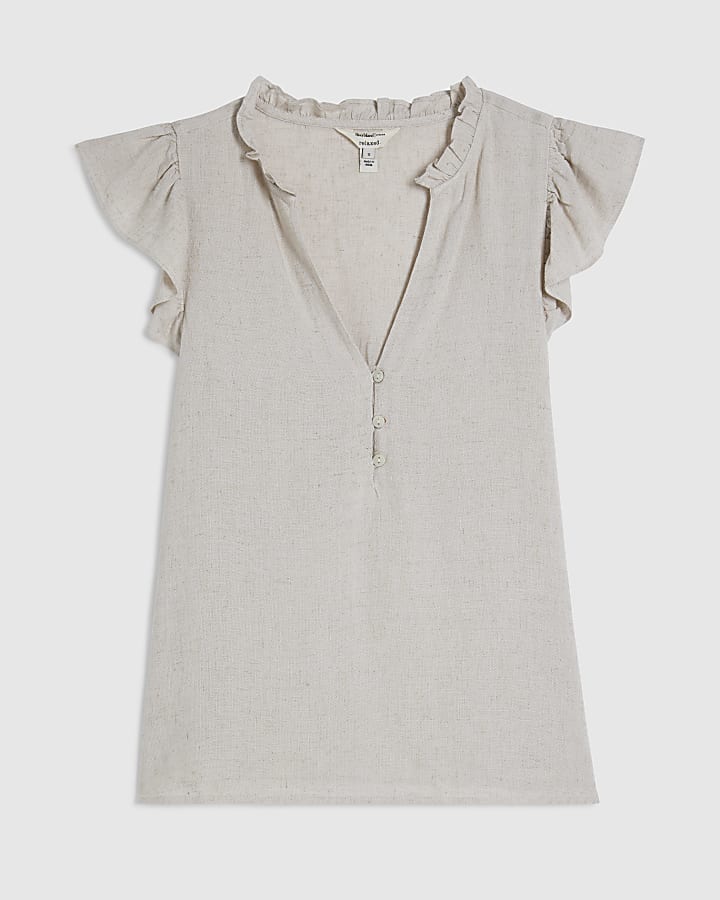 Beige Linen Blend Frill Sleeve Blouse