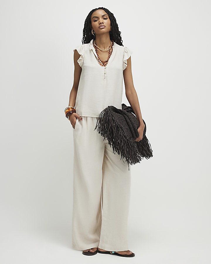 Beige Linen Blend Frill Sleeve Blouse