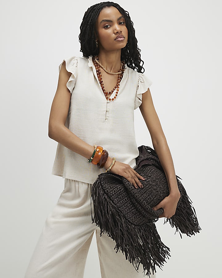 Beige Linen Blend Frill Sleeve Blouse