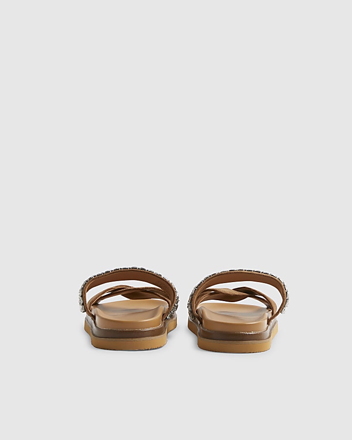 Beige cross strap diamante sandals