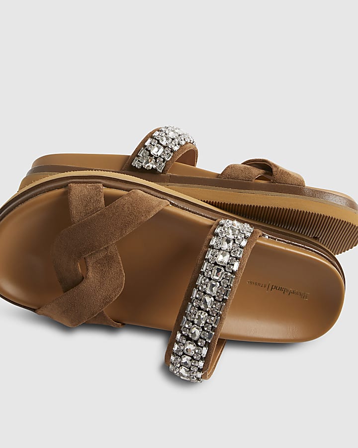 Beige cross strap diamante sandals