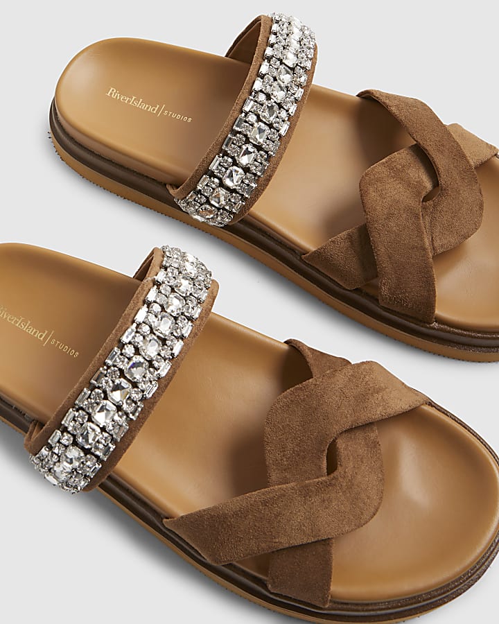 Beige cross strap diamante sandals