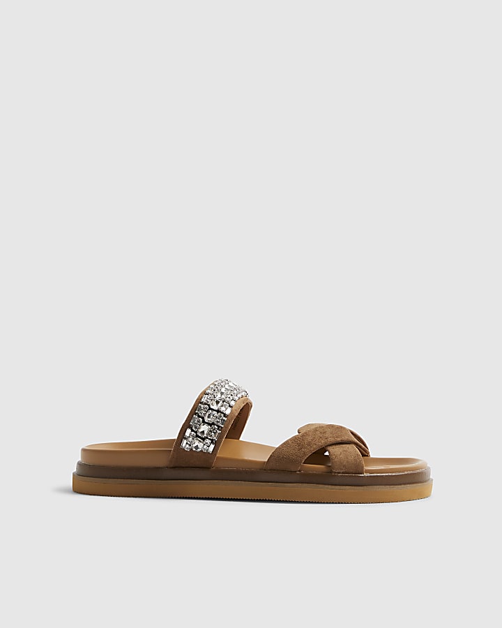 Beige cross strap diamante sandals